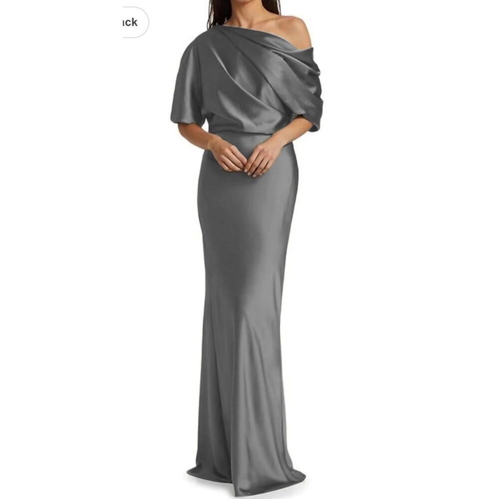 Amsale Blouson Bodice Bias Cut Satin Gown Off The Shoulder Grey Sz 2 NWT $500